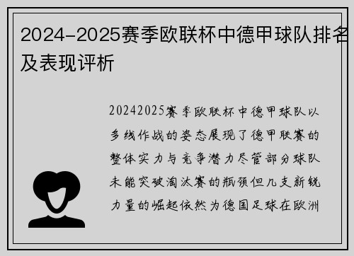 2024-2025赛季欧联杯中德甲球队排名及表现评析